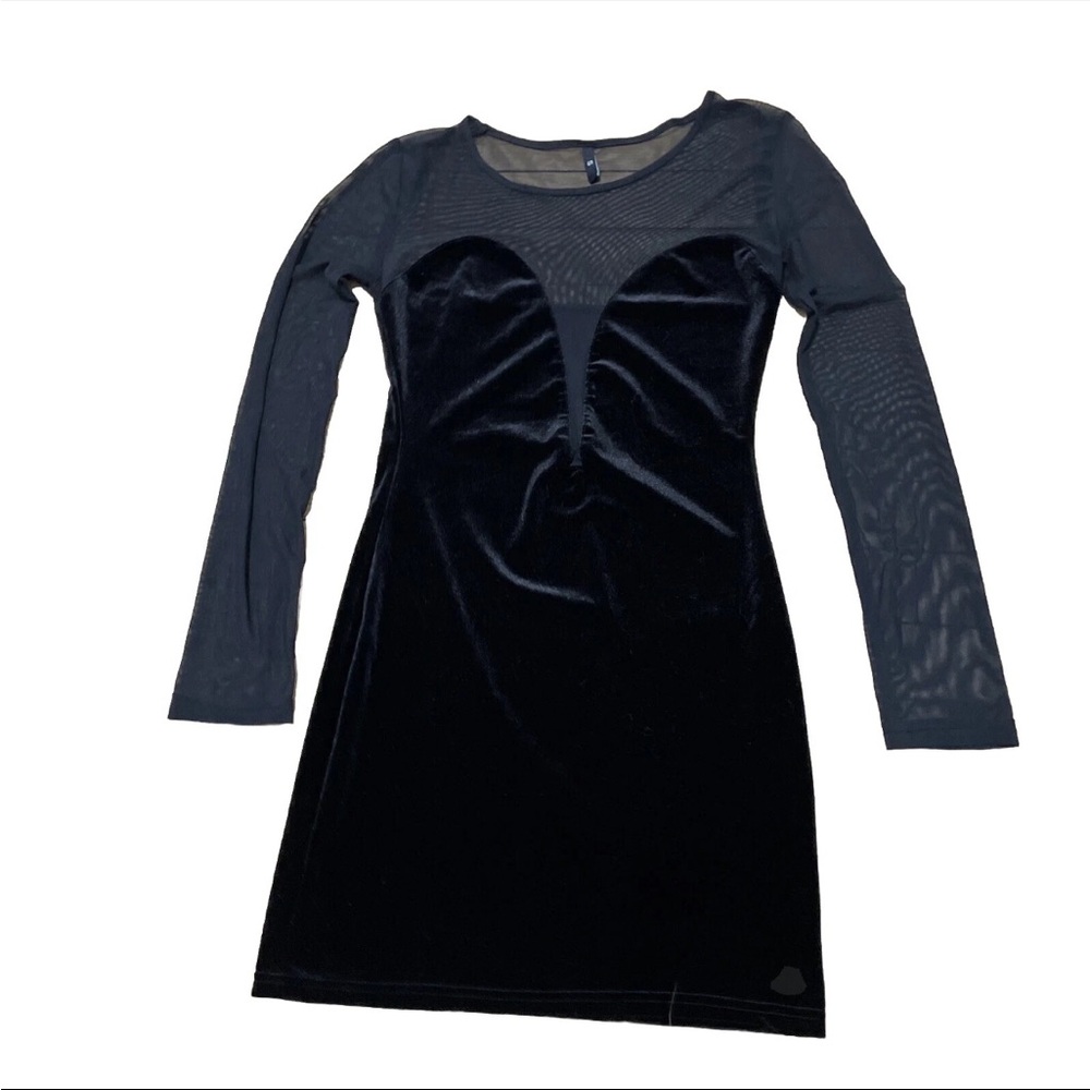 Haoduoyi Mini Dress S Black Velvet Sheer Long Sleeve Plunge Neck Club Sexy S